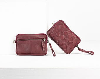Burgundy leather small wallet, coin pouch zipper pocket passport hand woven slim wallet credit cards case gift- The mini Antheia wallet