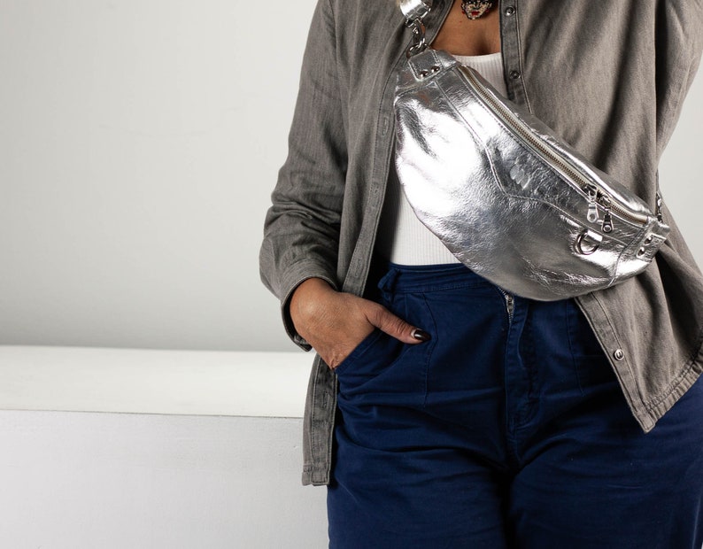 Fanny pack in Silver or Rose gold coated leather, metallic chest bag moon hip bag large waist belt bag mothers day gift Haris fanny pack image 2