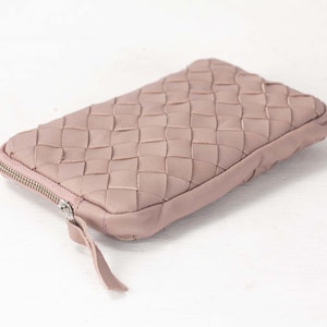 Beige pink leather hand woven zippered wallet, clutch purse zipper phone case money bag phone case purse handbag The Chloe wallet clutch image 4