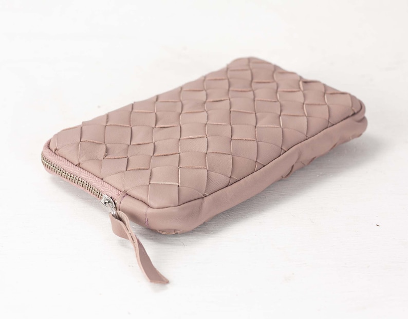 Beige pink leather hand woven zippered wallet, clutch purse zipper phone case money bag phone case purse handbag The Chloe wallet clutch image 4