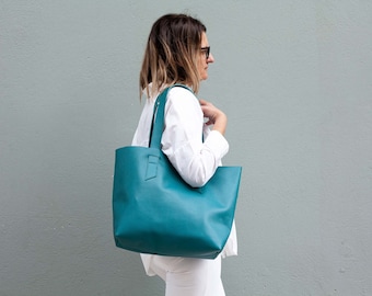 Sac fourre-tout en cuir bleu pétrole, sac à main en cuir à bords francs, sac cabas à bandoulière pour femme, cadeau fourre-tout en cuir non doublé - Sac Calisto