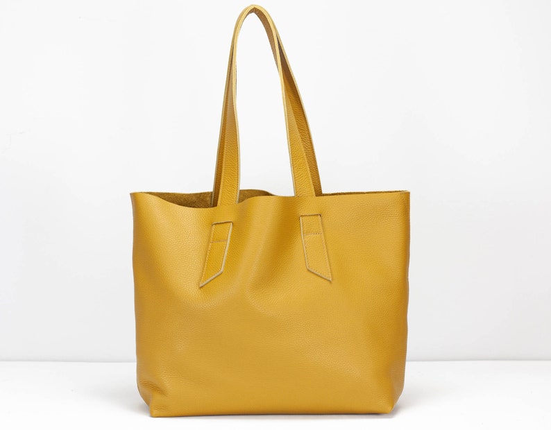 Yellow soft leather tote bag, raw edge leather purse shopper bag shoulder womens large market bag unlined leather tote Calisto bag image 3