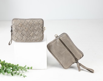 Grey Leather Wallet, Handwoven Coin Pouch with Zipper – Passport & Credit Card Case - The mini Antheia Wallet