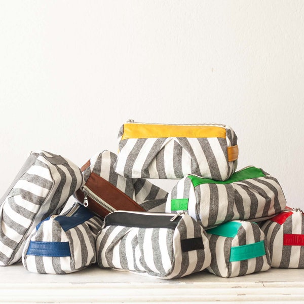 Accessory bag striped cotton and leather, makeup bag zipper pouch  bridesmaids gifts cosmetic case baby shower zipper case- Estia Bag