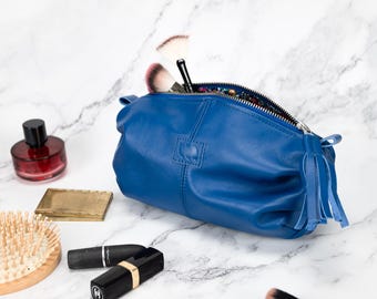 Royal Blue Leather Cosmetics Bag, Zipper Cosmetic Pouch for Travel - Ariadne makeup bag