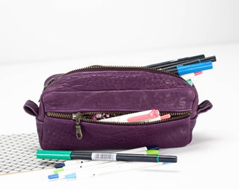 Pencils case in imperial purple leather, makeup bag stationery bag tombow zipper pen case glasses markers gift for teacher - The Brick case
