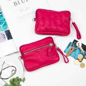 Hot pink leather small wallet, coin pouch zipper pocket passport hand woven slim wallet credit cards case gift- The mini Antheia wallet