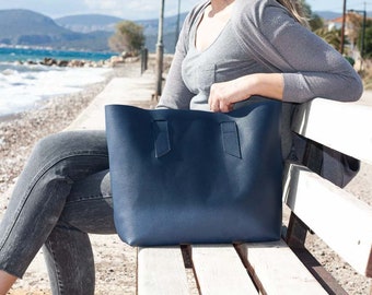 Sac cabas bleu en cuir grainé, sac cabas en cuir à bords francs, grand sac cabas pour femme, cadeau fourre-tout en cuir non doublé - Sac Calisto