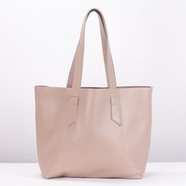 Sac cabas en cuir rose poudré non doublé, sac cabas souple grainé sac porté épaule femme grand sac cadeau fête des mères - sac Calisto