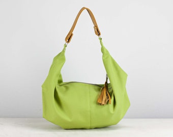 Lime green canvas hobo bag with brown leather, everyday purse cotton bag hobo slouchy purse cotton purse boho style gift - Mini Kallia bag