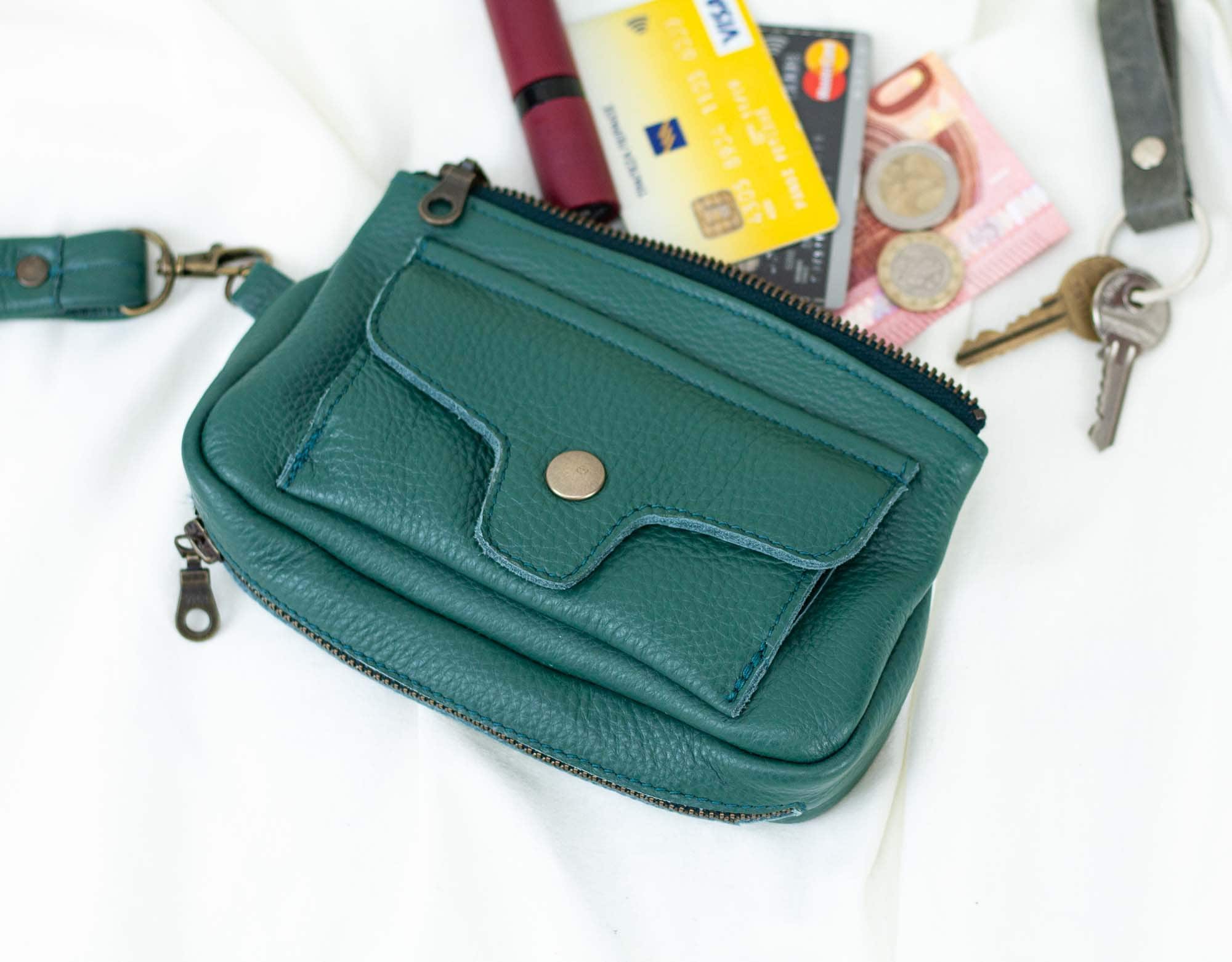 Petrol Green Leather Wristlet Wallet, Zipper Phone Holder & Card