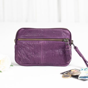 Kleine paarse leren portemonnee, muntzakje met rits paspoort handgeweven slanke creditcardhouder cadeau- De mini Antheia-portemonnee
