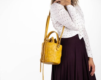 Yellow mini bucket bag in pebbled leather, drawstring bag small purse women bag crossbody bag purse crossover purse - Helon mini bucket bag