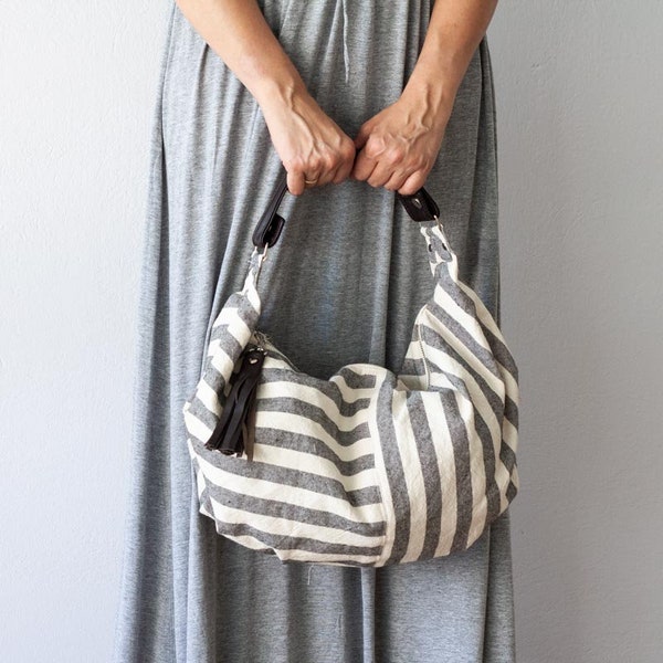 Hobo bag in stripe canvas and leather, boho style slouchy purse handbag cotton summer purse everyday purse gift for her - Mini Kallia bag