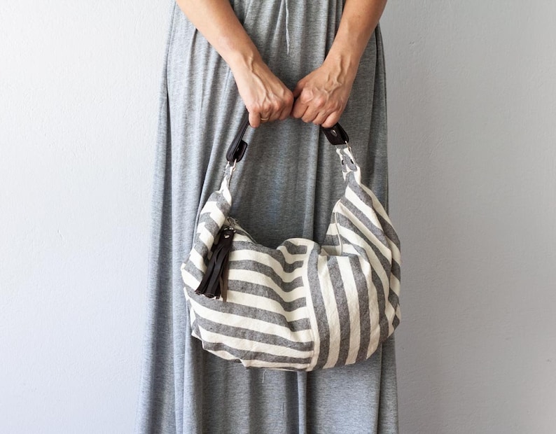 Hobo bag in stripe canvas and leather, boho style slouchy purse handbag cotton summer purse everyday purse gift for her Mini Kallia bag image 1