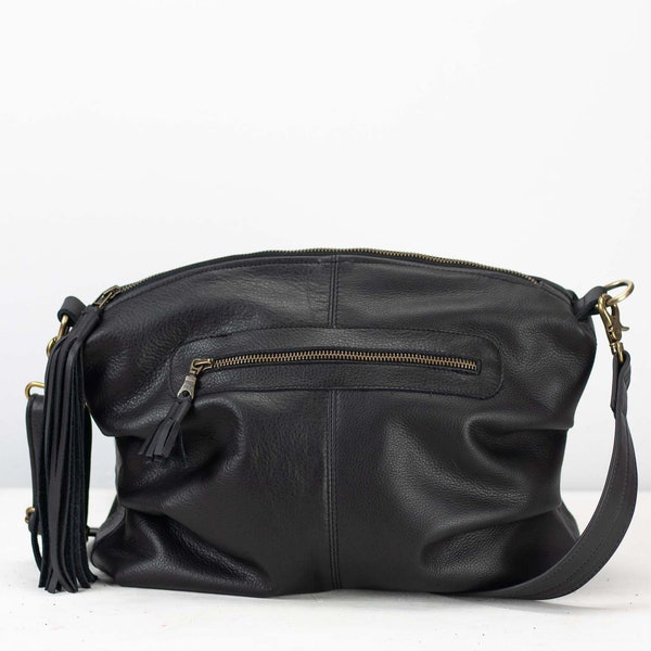 Black leather crossbody satchel bag, everyday messenger purse handbag bag shoulder bag crossover bag gift for wife zipper purse -Ariadne bag