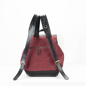 Backpack in burgundy waxed canvas and black leather, travel gift for her women pocket bag rucksack everyday back bag Artemis backpack image 6