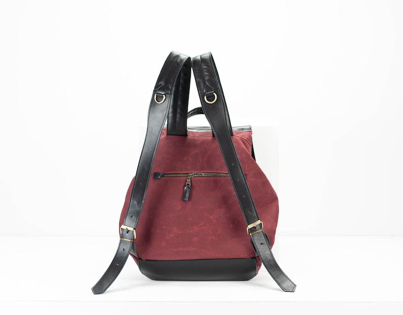 Backpack in burgundy waxed canvas and black leather, travel gift for her women pocket bag rucksack everyday back bag Artemis backpack image 6