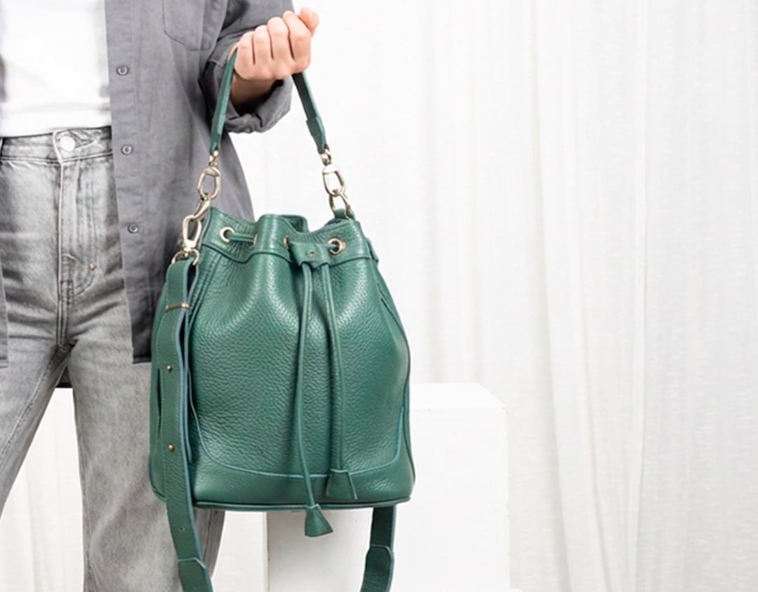 Leather Bucket Bag in Petrol Green, Drawstring Bag Medium Purse