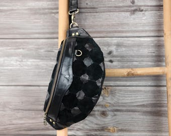 Black fanny pack in hand woven leather, large waist bag belt bag hip bag bum bag sling bag bumbag moon bag gift for her - Haris fanny pack