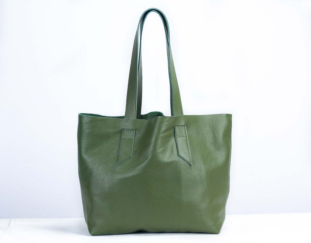 Olive Green Leather Tote Bag Raw Edge Leather Purse Shopper - Etsy
