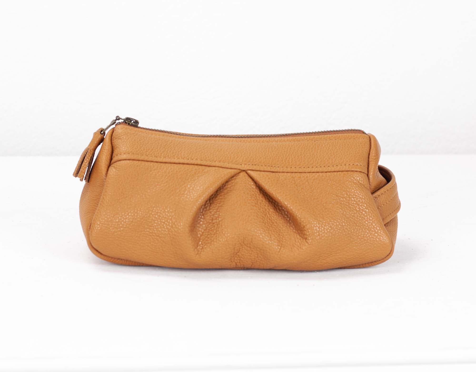 Brown Leather Makeup Bag Accessory Bag Pencil Case Zipper | Etsy