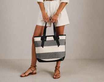 Stripe Canvas and Leather Tote Bag, Zipper Work Tote, Lined Shoulder Purse for Women, Laptop Bag 14"  - Calisto bag