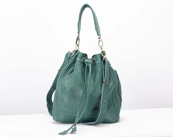 Leather bucket bag in petrol green, drawstring bag medium purse womens cinch bag  crossbody messenger crossover small purse gift - Danae bag