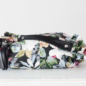 Floral hobo bag with canvas and black leather, cotton purse flower bag slouchy bag canvas everyday bag mothers day gift Mini Kallia bag image 7