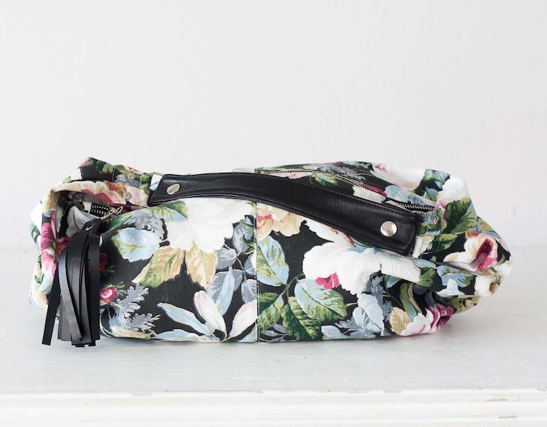 Floral hobo bag with canvas and black leather, cotton purse flower bag slouchy bag canvas everyday bag mothers day gift Mini Kallia bag image 7