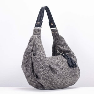 Hobo bag in grey patterned wool and black leather, slouch shoulder purse everyday bag - Mini Kallia bag