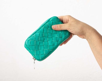 Hand woven teal blue zippered pouch, coin purse zipper phone case money bag gift case credit card purse handbag-The Antheia Zipper pouch