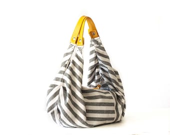 Stripe canvas hobo bag, slouchy cotton large shoulder summer bag overnight weekend bag cotton purse - Kallia bag