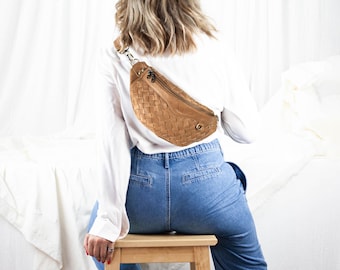 Fanny pack in milk coffee brown hand woven leather, large waist belt hip bag bum bag sling bumbag mothers day gift - Haris fanny pack