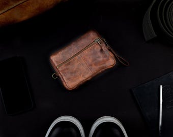 Brown vintage leather small wallet, coin pouch, zipper pocket passport mens wallet, credit cards case - The mini Antheia wallet