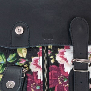 Backpack in floral canvas and black leather, travel backpack canvas rucksack knapsack everyday flower back bag women Artemis backpack image 7