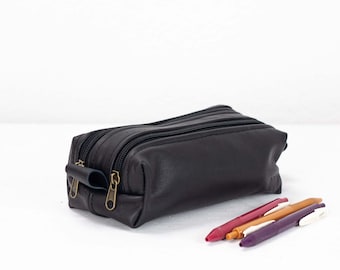 REC Double case - Black leather pencils case, rectangular accessory bag purse case glasses markers zipper pouch gift teacher appreciation