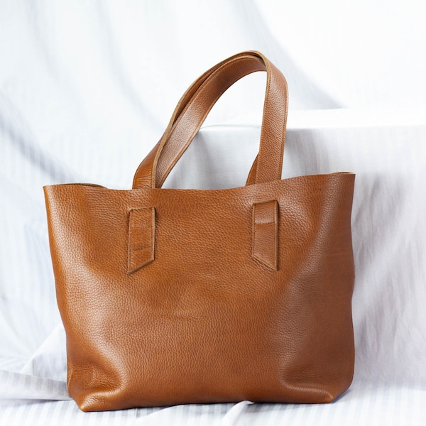 Brown leather tote, unlined large bag shopper market everyday purse raw edge leather shoulder bag with pockets -  Calisto bag