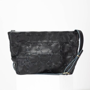 May include: Black leather crossbody bag with a geometric pattern and a blue strap.