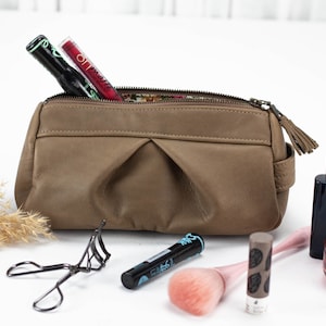 Makeup bag in khaki brown leather, zipper pouch accessory bag pencils case gift for her storage travel pen case jewellery case Estia Bag image 3