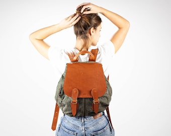 Backpack in green stonewashed canvas and brown leather, travel backpack women pocket bag rucksack everyday diaper back bag -Artemis backpack