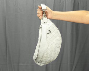 Hand Woven Leather Fanny Pack: Off-White Waist Bag, Detachable Strap - Haris fanny pack