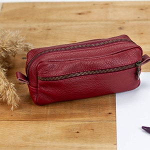 Astuccio per matite in pelle rosso scuro con cerniera, astuccio per trucchi, borsa rettangolare per accessori, borsa per accessori, portamonete, occhiali, pennarelli, custodia con cerniera - The Brick case
