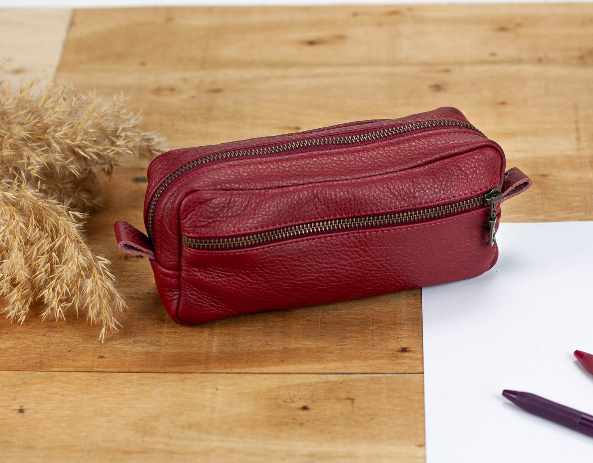 Deep Red Leather Zipper Pencils Case, Makeup Case Rectangular