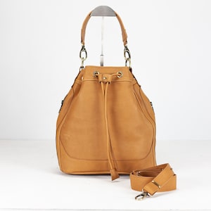 Bucket bag in Tabac brown leather, drawstring bag medium purse womens cinch bag  crossbody messenger bag roll top purse - Danae bag