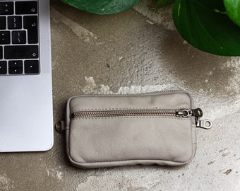 Light grey leather front pocket wallet, coin pouch zipper wallet phone case money bag iPhone case credit card gift -The Antheia Zipper pouch