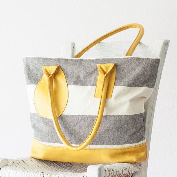 Tote bag stripe, shoulder purse in cotton canvas and Yellow leather  - Kallisto bag