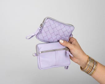 Lilac leather small wallet, coin pouch zipper pocket passport hand woven slim wallet credit cards case gift- The mini Antheia wallet