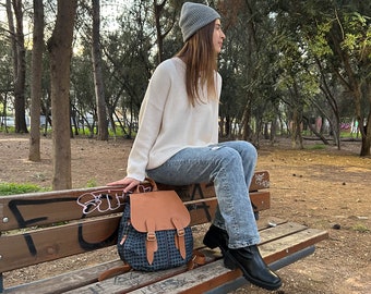 Travel backpack in brown leather and blue houndstooth jeans, back bag womens pocket bag rucksack denim diaper back bag -Artemis backpack