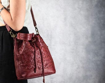 Leather drawstring bucket bag in handwoven burgundy, medium purse womens cinch bag Intrecciato crossbody messenger crossover -Danae bag